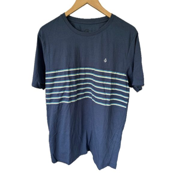 NWOT Volcom Men's Blue Striped Embroidered Logo Short Sleeve T-Shirt L - Picture 1 of 6